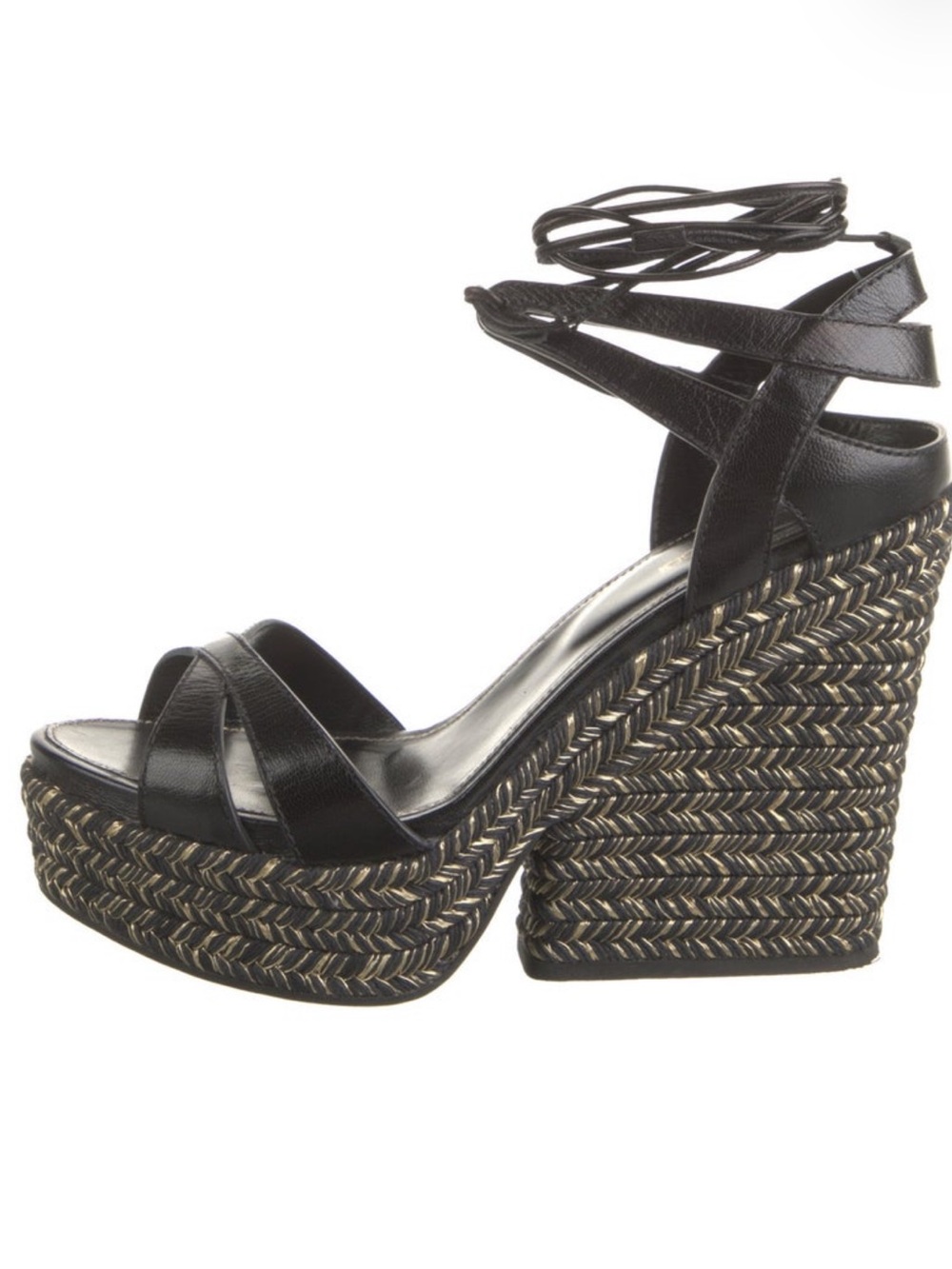 Sergio Rossi Black Leather Ankle-Tie Braided Platform Wedges